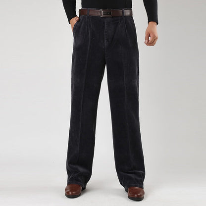 Close-up of men's cotton corduroy pants fabric, showcasing the classic texture and comfort.