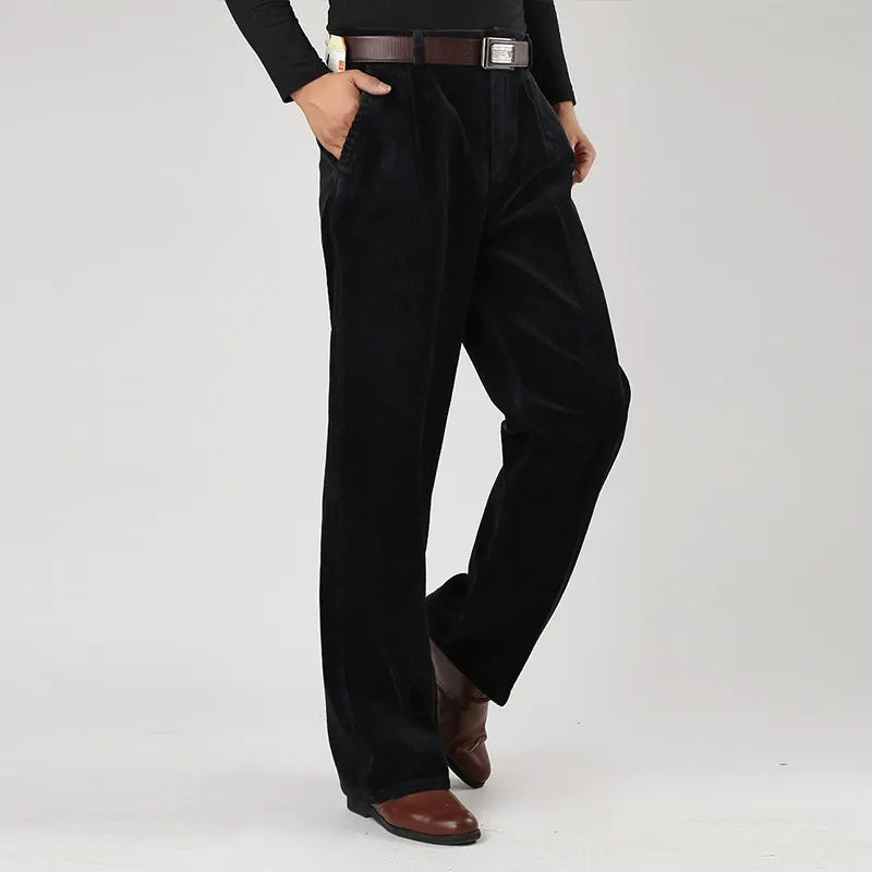 Man wearing comfortable men's classic corduroy trousers. Everyday stylish fashion for winter.