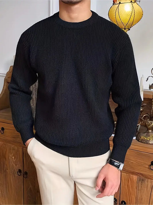 Men's classic crew neck knit sweater in soft wool. Timeless design for comfort.