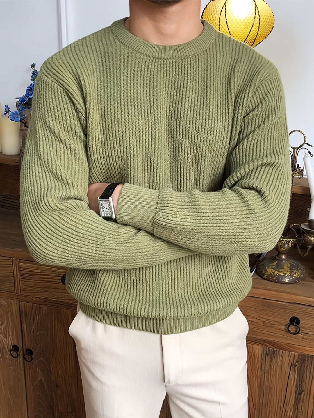 Classic men's versatile crew neck knit sweater. Comfortable long sleeve for elegant wear.