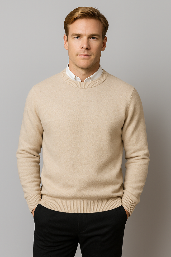 Navy blue men's classic crewneck long sleeve sweater, a timeless elegant pullover for modern menswear.