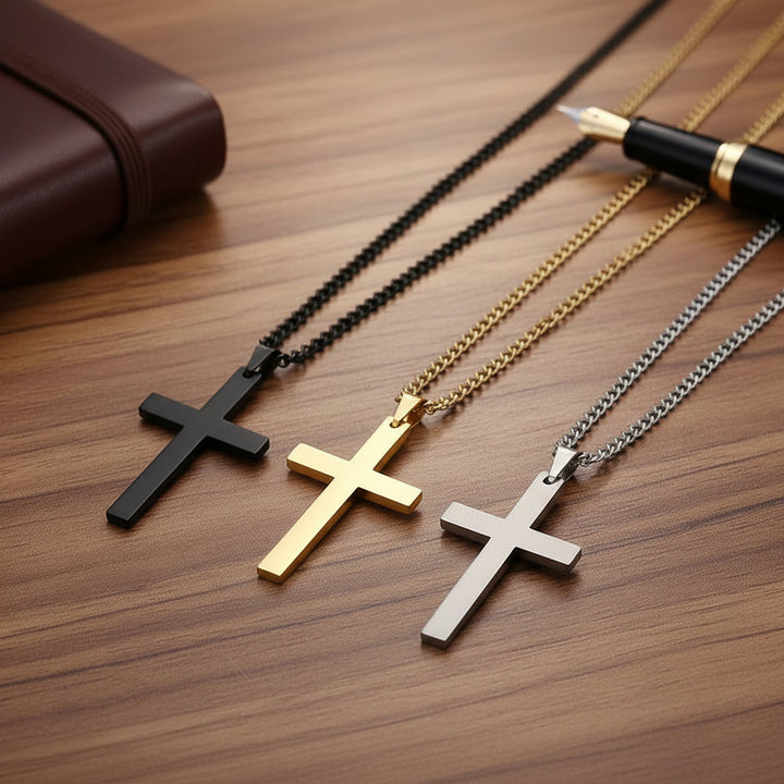 Men's classic cross pendant necklace, a timeless spiritual accessory perfect for everyday wear or a thoughtful gift for him.