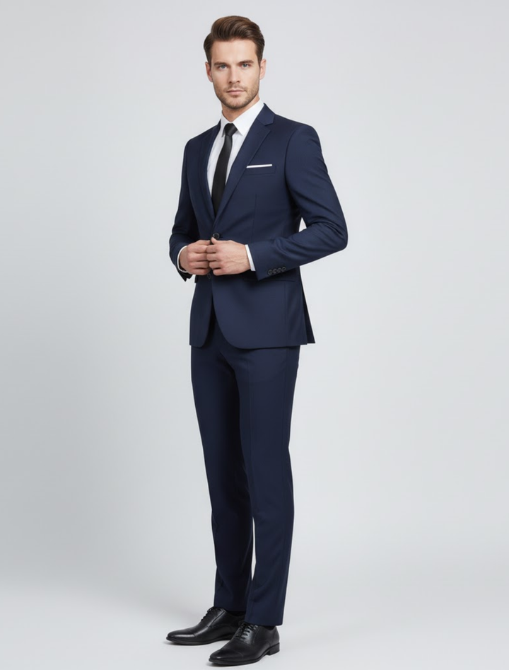 Men's classic dark blue two-piece suit for formal events, business, or weddings. Tailored fit men's formal wear.
