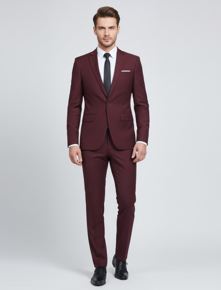 Men's classic two-piece suit featuring a tailored jacket & trousers. Versatile formal & business fashion.