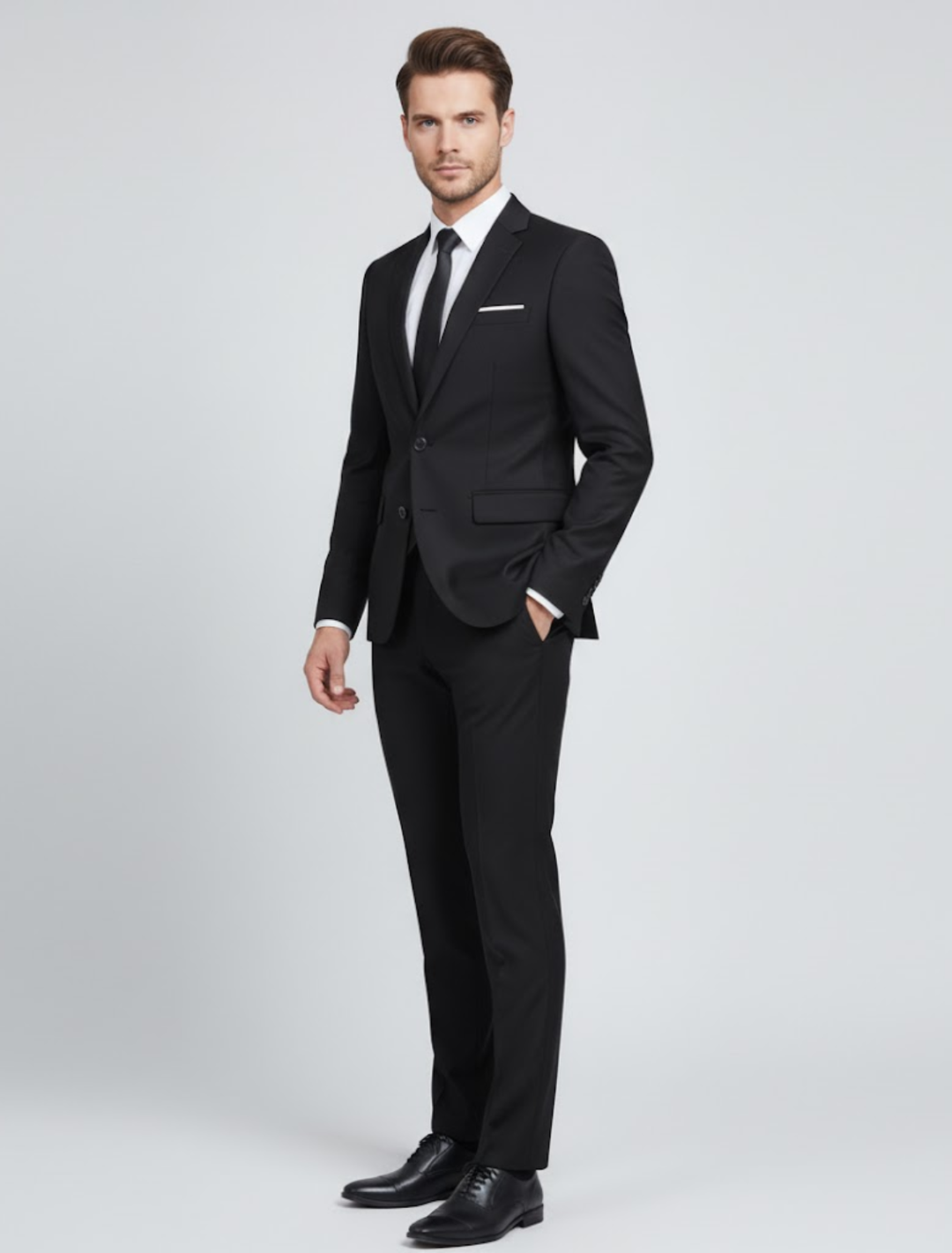 Sophisticated men's two-piece suit in dark blue, bordeaux or black. Essential formal and business attire for men.
