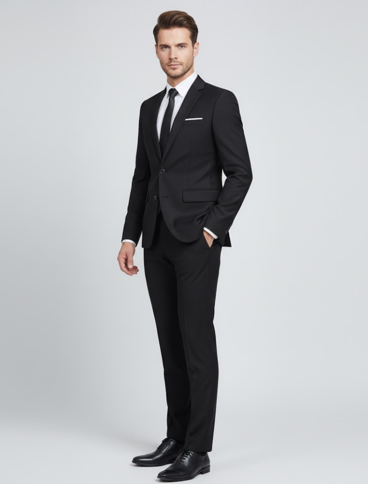 Sophisticated men's two-piece suit in dark blue, bordeaux or black. Essential formal and business attire for men.