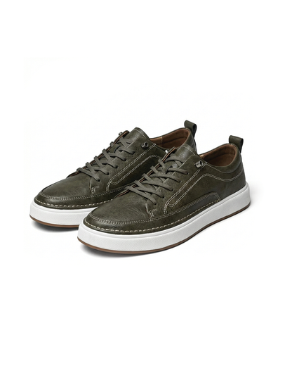 Men's classic dark brown leather sneakers, comfortable for everyday walking & urban style.