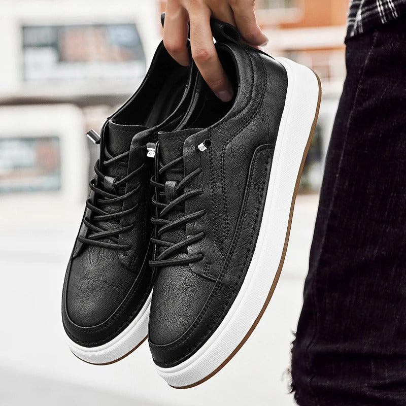 Black leather men's sneakers, stylish and comfortable for urban everyday walking.