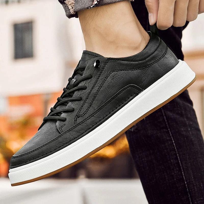 Comfortable men's dark brown leather shoes, classic sneakers for casual urban style.