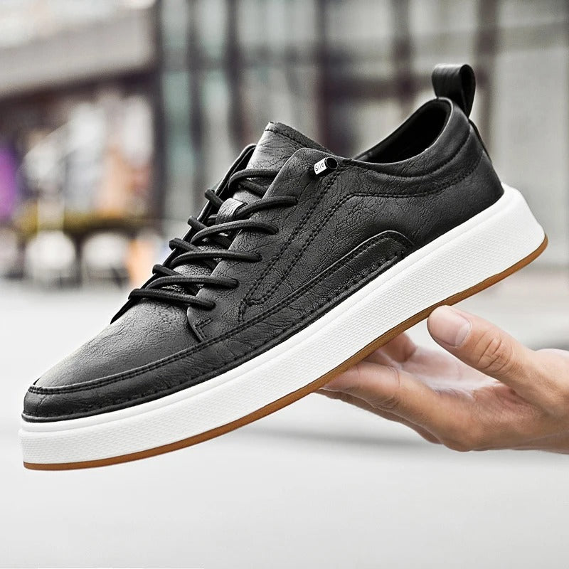 Classic dark brown leather sneakers, men's casual footwear with all-day comfort.