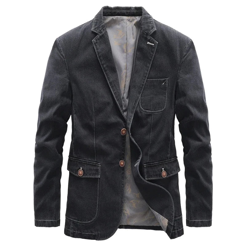 Stylish gray men's classic denim jacket, versatile casual outerwear. Button-up, all-season fashion.