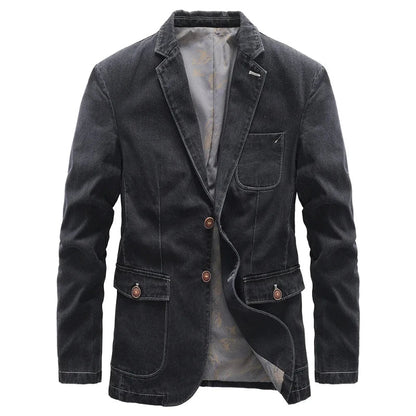 Stylish gray men's classic denim jacket, versatile casual outerwear. Button-up, all-season fashion.