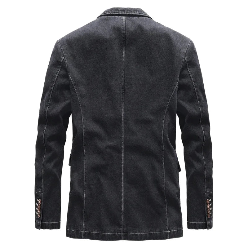 Black men's classic denim jacket, vintage style, button-up fashion. Versatile outerwear for men.