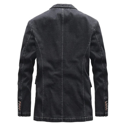 Black men's classic denim jacket, vintage style, button-up fashion. Versatile outerwear for men.