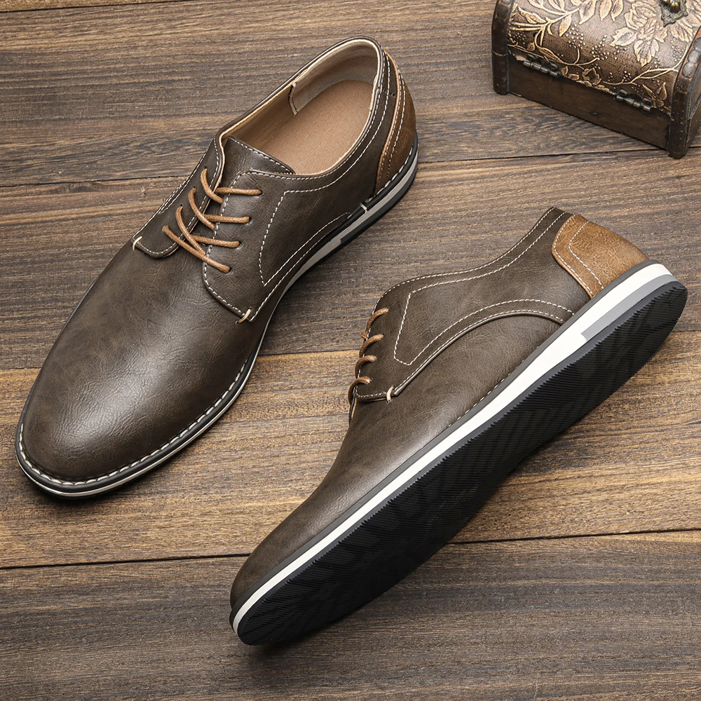 Sleek black leather men's derby shoes, ideal for elegant style & comfortable formal business wear.