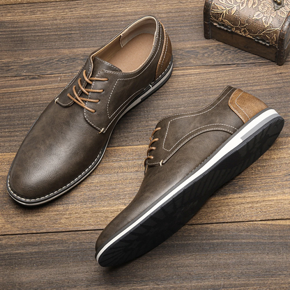 Sleek black leather men's derby shoes, ideal for elegant style & comfortable formal business wear.