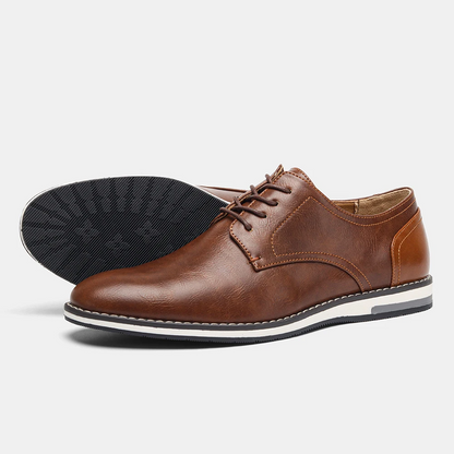 Versatile black leather men's derby shoes, suitable for formal events, business meetings & classic men's fashion.