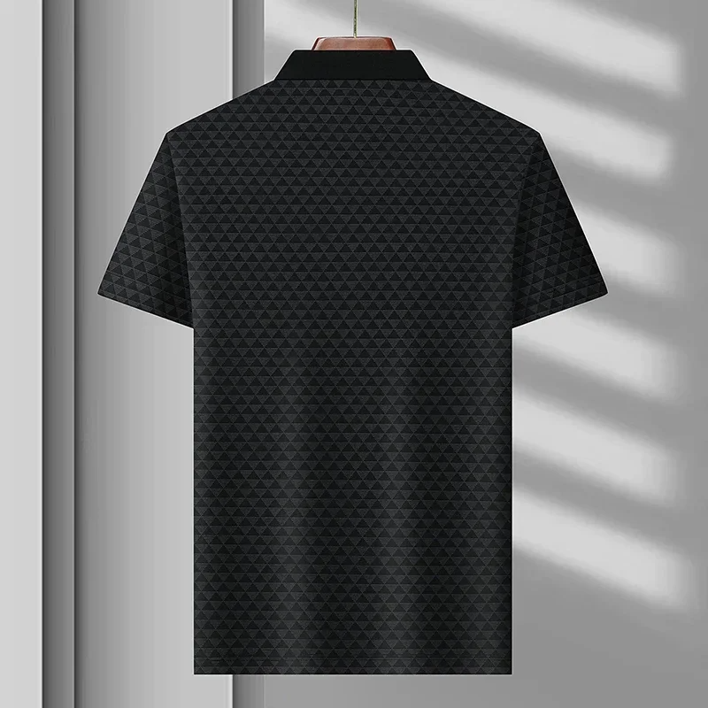 Refined men's short sleeve diamond pattern polo, perfect for achieving a sophisticated casual or smart casual look.