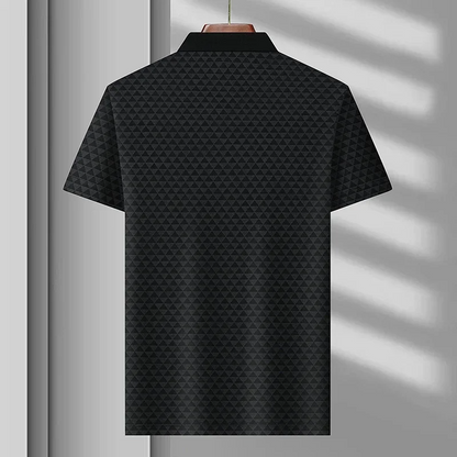 Refined men's short sleeve diamond pattern polo, perfect for achieving a sophisticated casual or smart casual look.