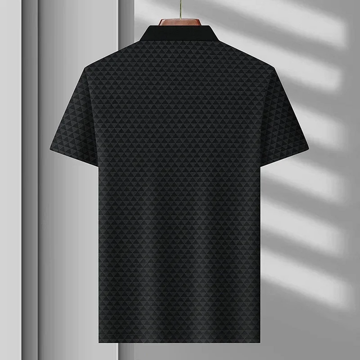 Refined men's short sleeve diamond pattern polo, perfect for achieving a sophisticated casual or smart casual look.