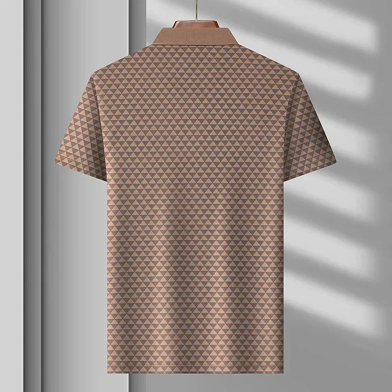 Man wearing a stylish diamond pattern men's polo shirt, perfect for casual outings or smart casual events.