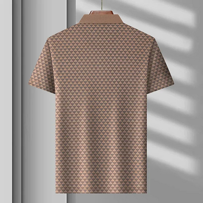 Man wearing a stylish diamond pattern men's polo shirt, perfect for casual outings or smart casual events.