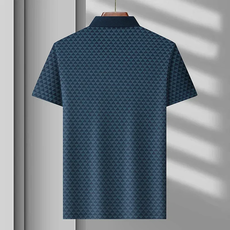 Back view of a men's classic diamond pattern polo shirt, highlighting the cut and refined casual style.