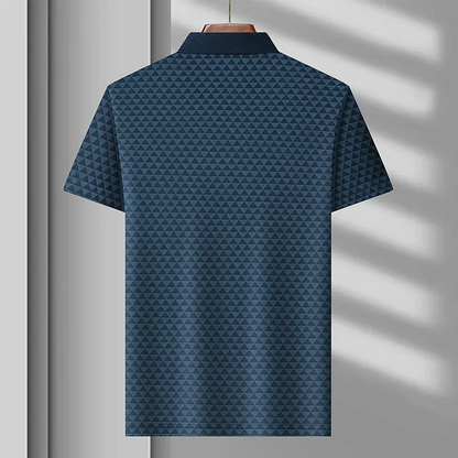 Back view of a men's classic diamond pattern polo shirt, highlighting the cut and refined casual style.