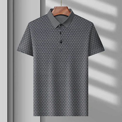Front view of a men's diamond pattern short sleeve polo, showcasing its refined style and comfortable design.