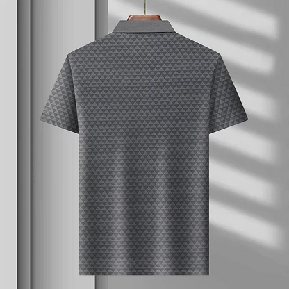 Textured men's diamond pattern polo shirt, offering breathability and easy care for ultimate comfort & style.