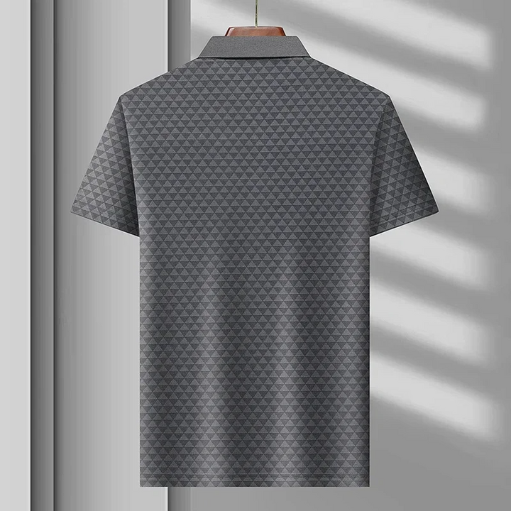 Textured men's diamond pattern polo shirt, offering breathability and easy care for ultimate comfort & style.
