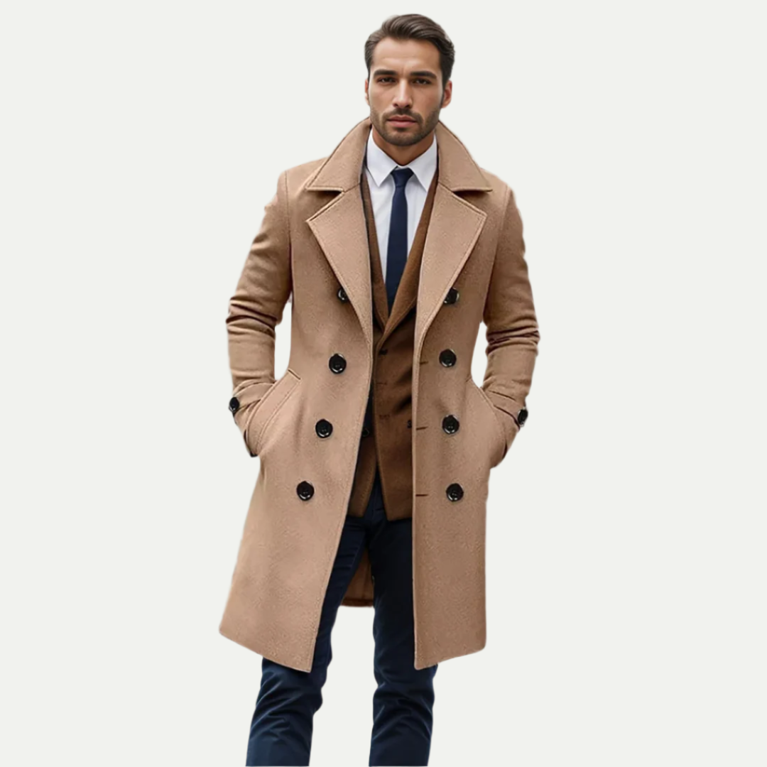 Men's classic double-breasted longline trench coat for timeless autumn/winter style.