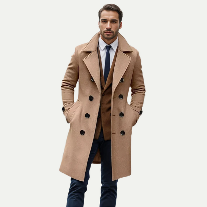 Men's classic double-breasted longline trench coat for timeless autumn/winter style.