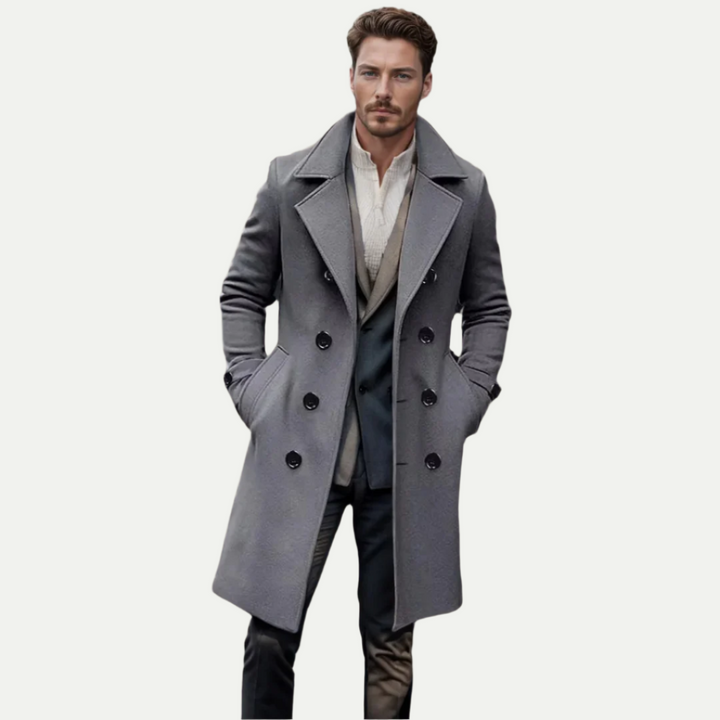 Classic men's longline trench coat. Double-breasted design for smart casual to formal autumn/winter looks.