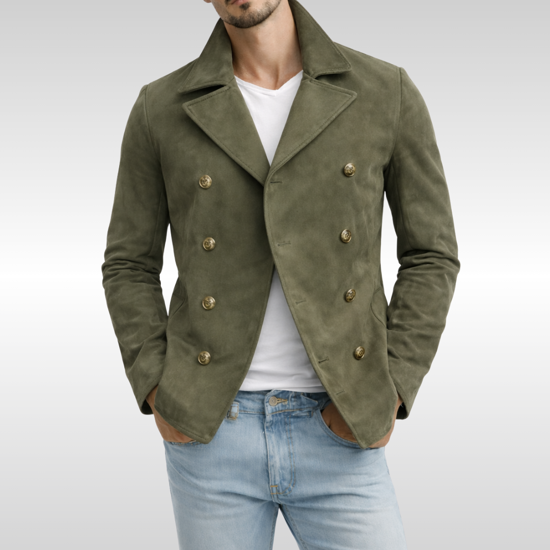 Men's classic double-breasted pea coat in dark navy, perfect for smart casual and everyday winter style.