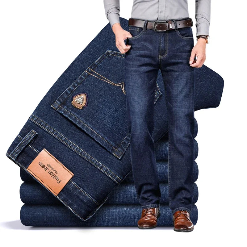 Men's classic fit stretch denim jeans, comfortable & durable for everyday wear.