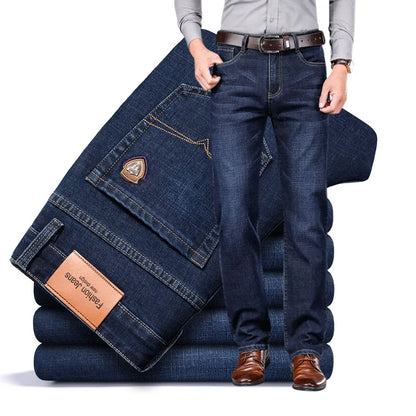 Men's classic fit stretch denim jeans, comfortable & durable for everyday wear.