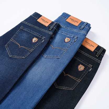 Premium men's classic stretch denim jeans; durable, comfortable, stylish casual pants for men.