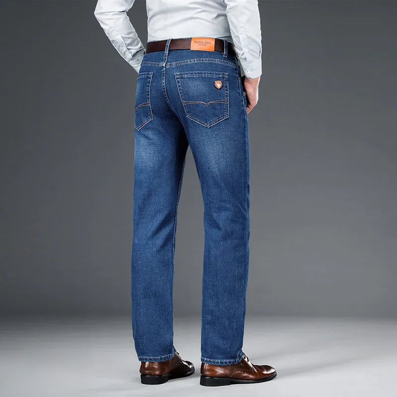 Comfortable men's stretch denim jeans, classic fit, ideal casual pants for daily wear.