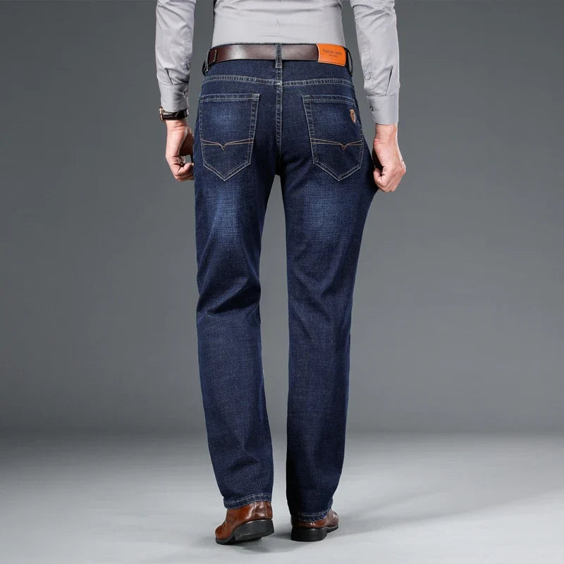 Stylish men's classic fit stretch jeans, combining comfort with durable denim.
