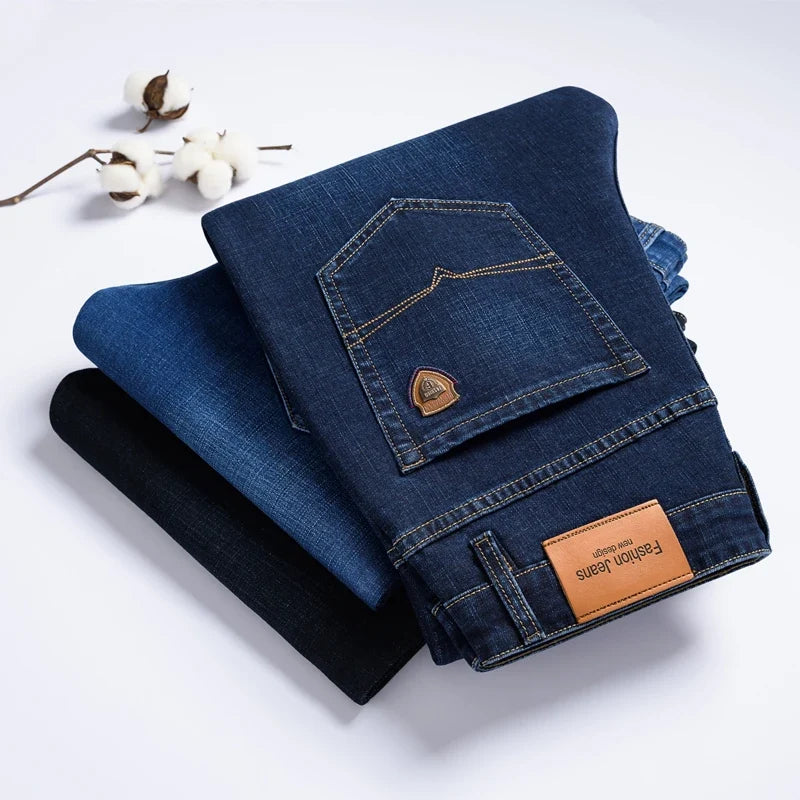 Versatile men's classic denim jeans, stretch fit, great for everyday casual pants & comfort.