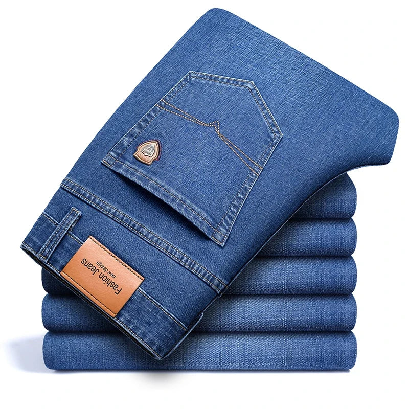 Easy-moving men's stretch jeans, classic fit comfortable denim for everyday casual wear.