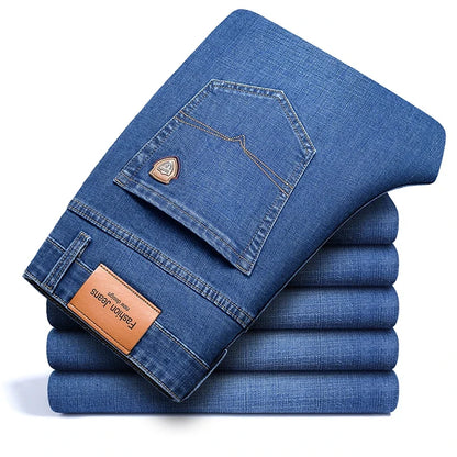 Easy-moving men's stretch jeans, classic fit comfortable denim for everyday casual wear.