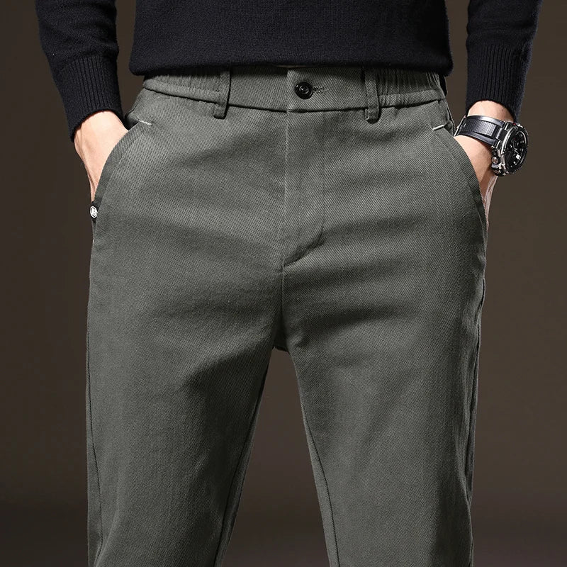 Wrinkle-resistant classic fit men's pants, offering tailored style and lasting durability.