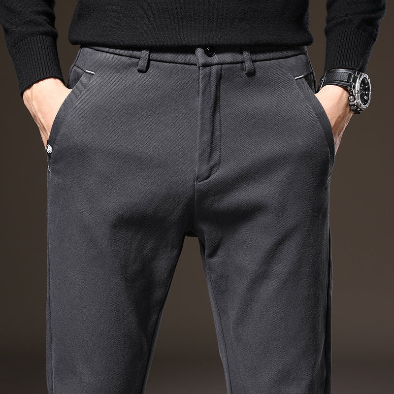 Comfortable black men's stretch pants, classic fit, easy care for daily wear.