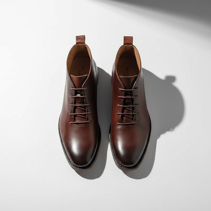Brown men's classic full-grain leather boots, side profile showing Goodyear welt & timeless design.