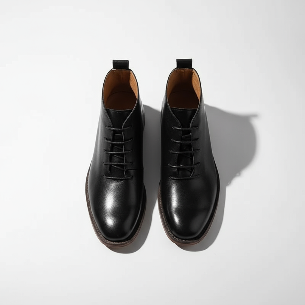 Black men's classic full-grain leather boots, side profile showing Goodyear welt & timeless design.
