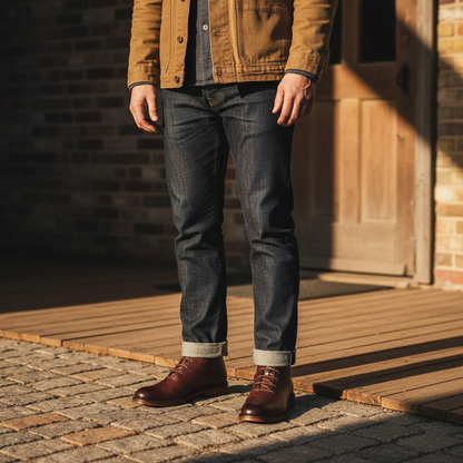 Durable full-grain leather boots for men, featuring a robust Goodyear welt construction.