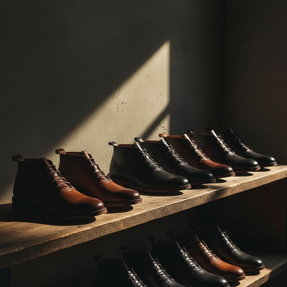 Close-up of rich full-grain leather men's boots, highlighting texture, stitching & craftsmanship.