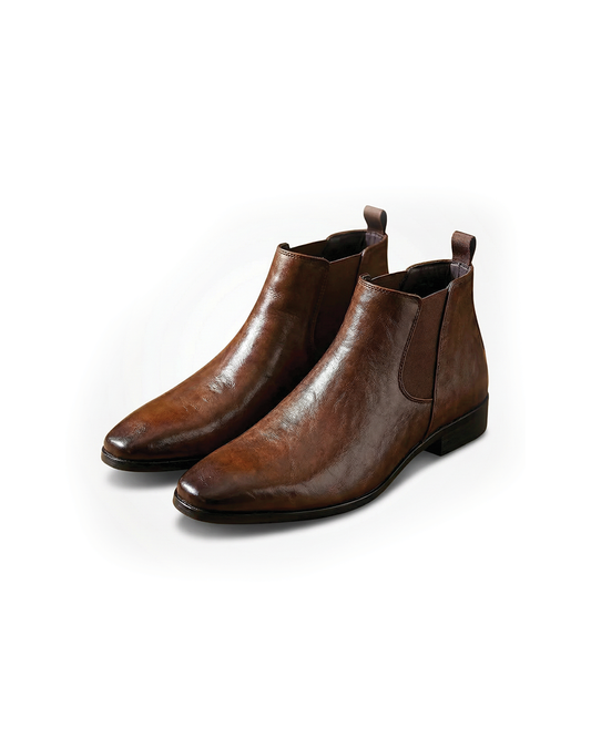 Men's classic full-grain leather Chelsea boots, stylish slip-on ankle footwear for casual or dress.